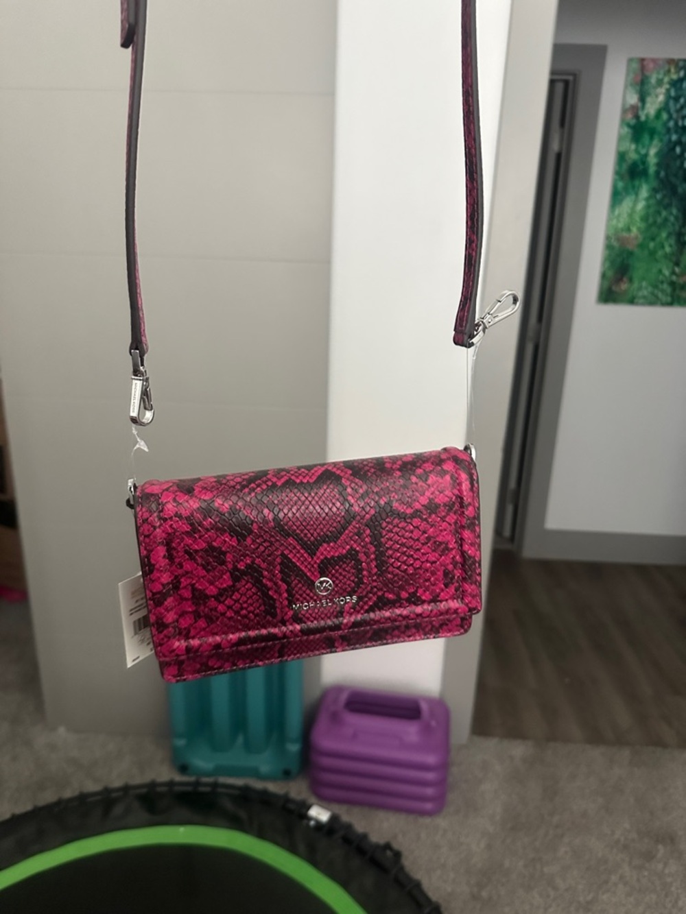 Michael Kors Fuchsia Snake-Embossed Crossbody Wallet